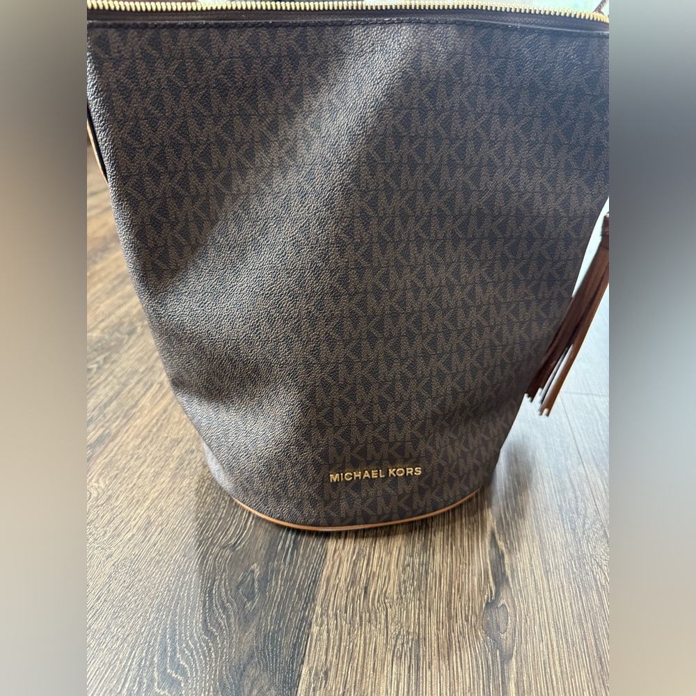 Michael Kors Brown MK Monogram Bucket Bag with Gold Logo